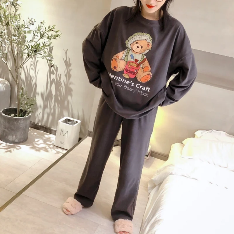 Pyjama ample pour femmes, ensemble de vêtements de maison avec petite tête d'ours, vêtements de maison, manches longues, pantalon Long, nouvelle collection printemps et automne