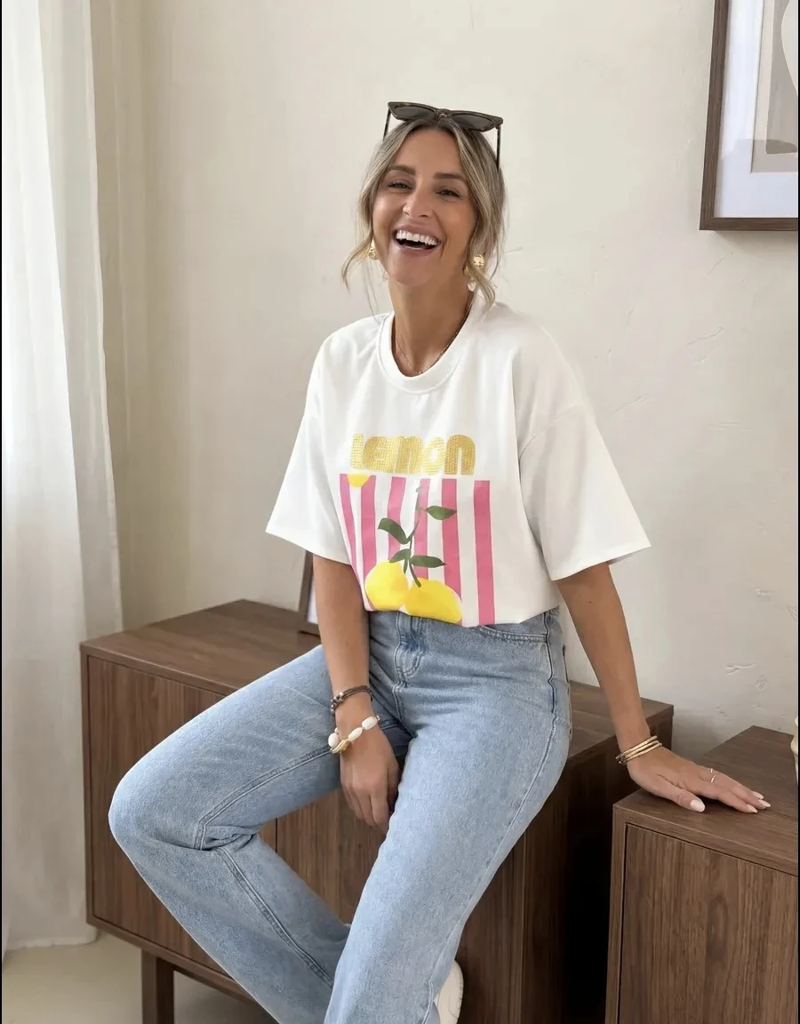 Fashionable Printed Loose Casual round Neck Short Sleeve T-shirt Women's Commute Style Top Comfortable Cotton Sweat Absorbent