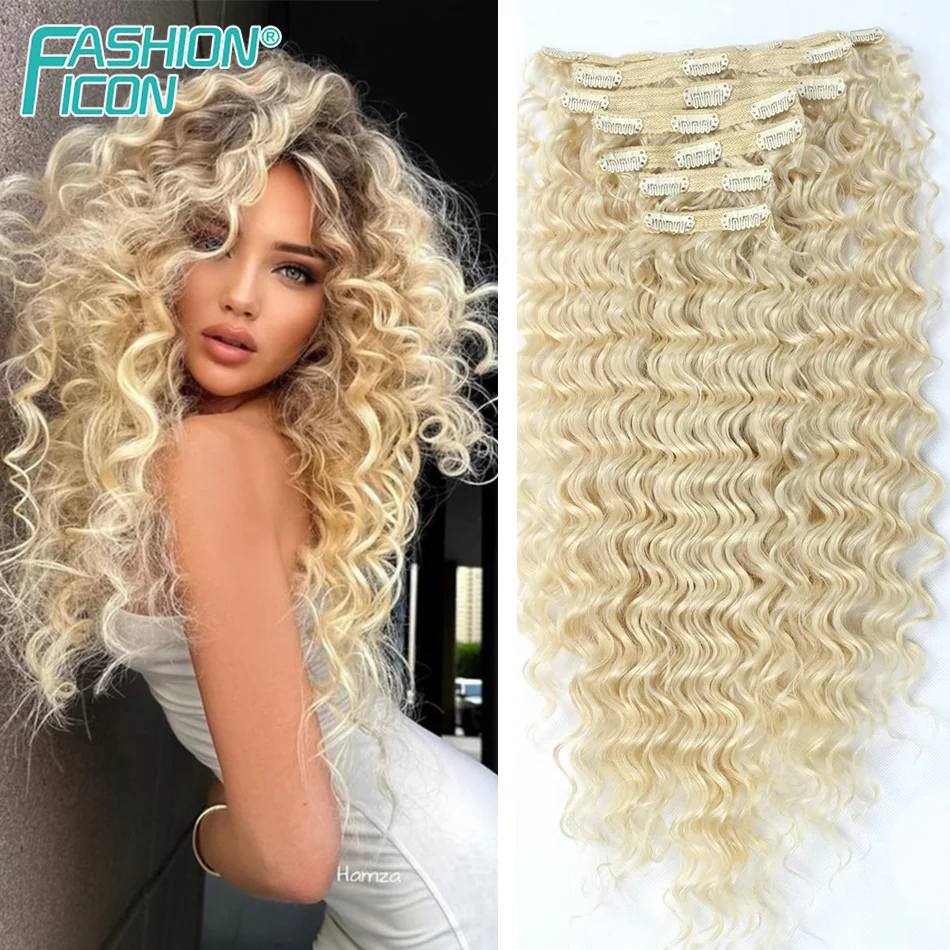 Blonde Deep Wave Clip In Hair Extensions 7Pcs/Set 140g Synthetic Hair Full Head Hairpiece Curly Clip Ins Hair 24Inch For Women