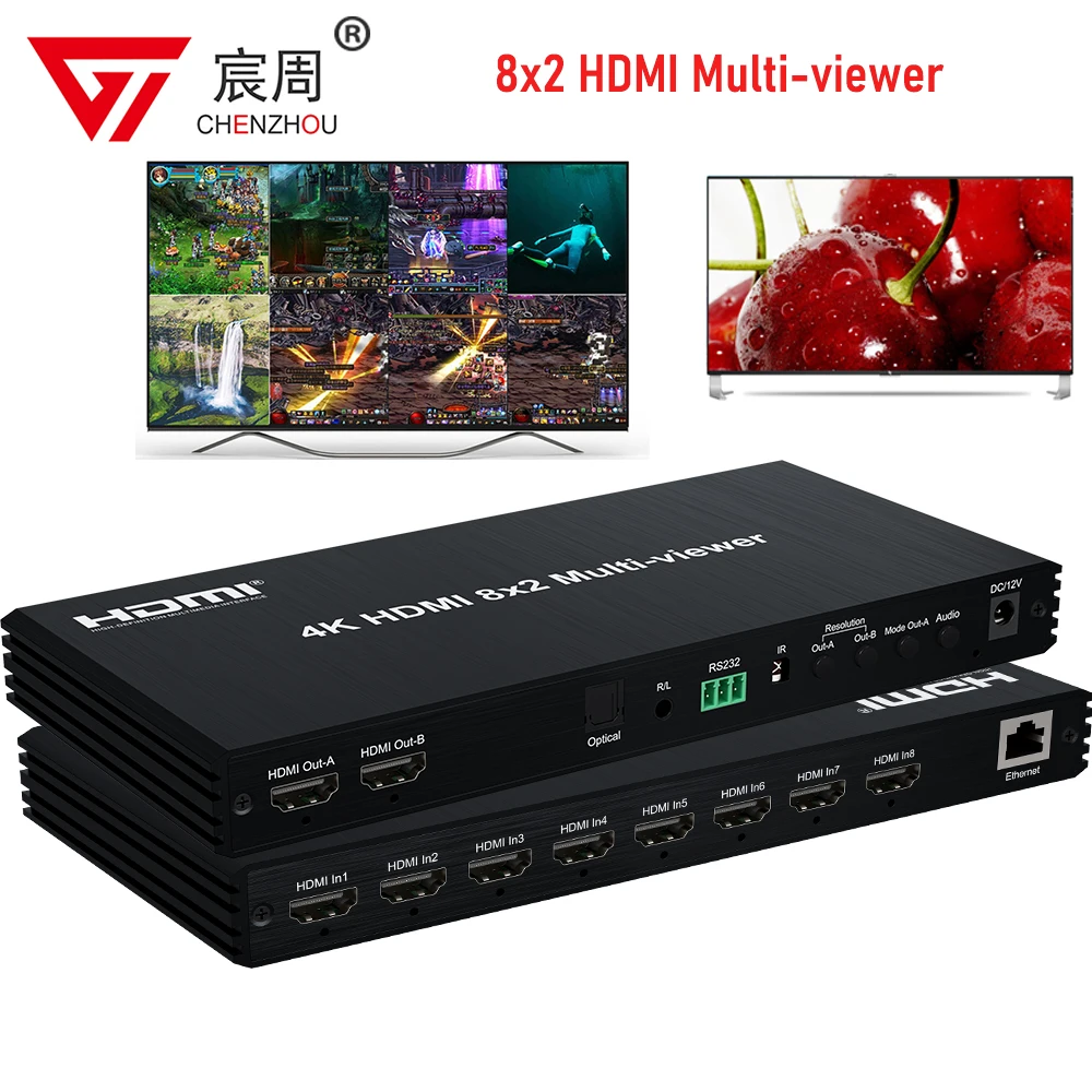 Multivisor HDMI de 8x2 con pantalla Dual 4K, multivisor HDMI de 8 entradas y 2 salidas, conmutador continuo, compatible con subtítulo PIP con salida óptica y de 3,5mm