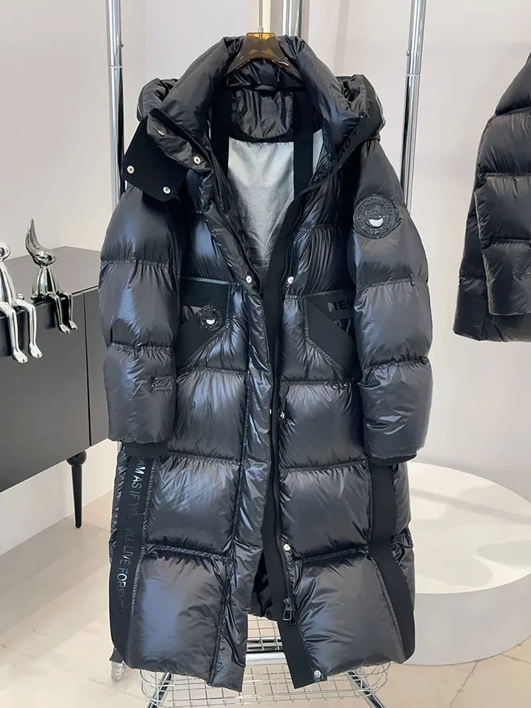 2024 Female Hooded 90% White Duck Down Coat Women\'s Winter Glossy Warm Thickened Long Puffer Jacket Windproof Outwear