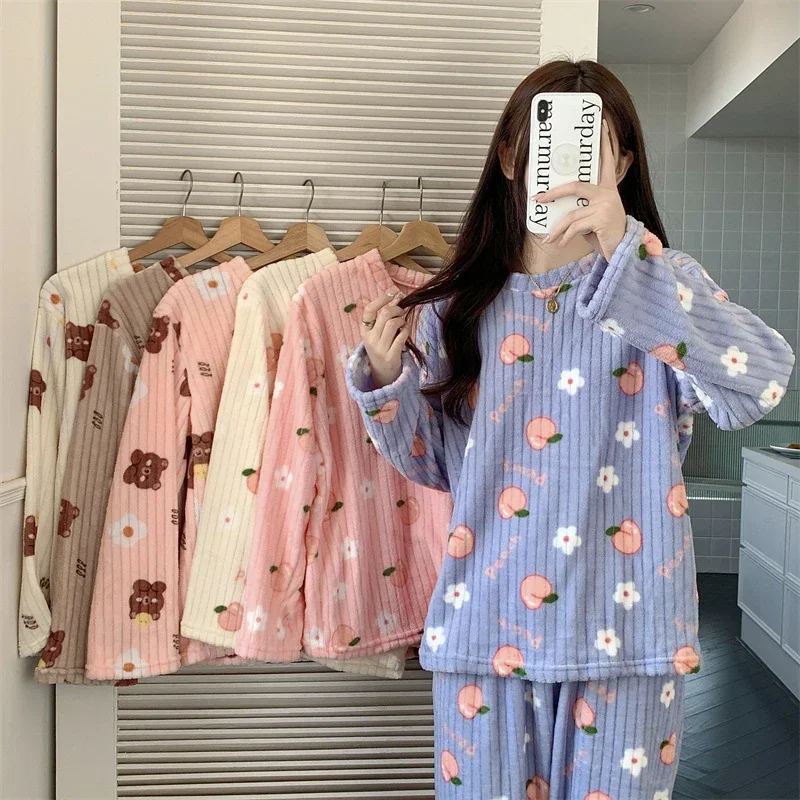 2024 Autumn Winter Round Neck Cute flower Flannel Pajamas for Women Home Clothes pijamas set Thickened Coral Velvet sleepwear