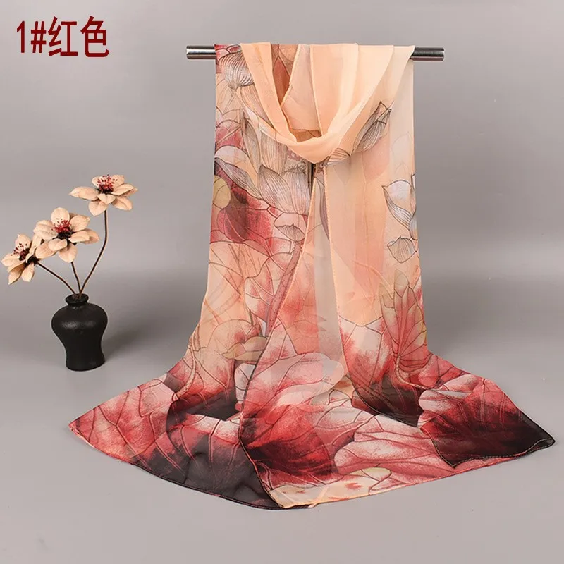 Spring and Summer Hot Selling Silk Scarves with Lotus Pattern 50*160 Printed Silk Scarves and Long Scarves Wholesale