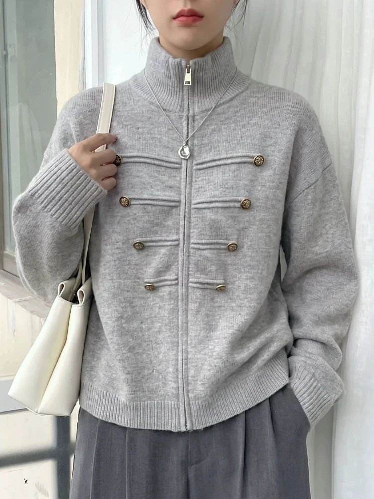 Japanese Solid Stand Neck Casual Cardigan Y2k Aesthetic Double-breasted Knitted Kardigan Autumn Harajuku Zipper Loose Sweater