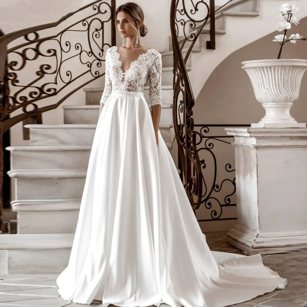 Robe de Mariée en Satin Simple et Élégante, Décalcomanie en Dentelle, Col en V, Manches à Sept Points, Sexy, Dos aux, Boutonnée, à la Mode, Mariage, 2024