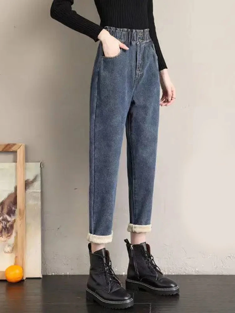 Jeans doublés de velours taille haute pour femmes, pantalons en denim épais, vêtements de neige minces, sarouel décontracté, mode d'hiver chaude, nouveau, 2023