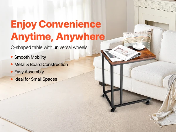 VEVOR C Table C Shaped Sofa Side Table with Metal Frame Rolling Casters Portable C Shaped End Stand for Living Room Office