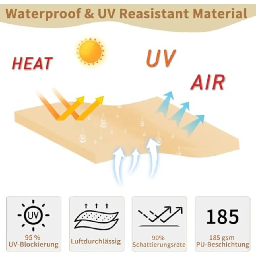 ผ้าคลุมกันแดดทรงสี่เหลี่ยมจัตุรัสขนาด 10'x10' กันน้ำ ป้องกันรังสียูวี 95% สำหรับสวนกลางแจ้ง ลานเฉลียง งานปาร์ตี้ สนามเด็กเล่น ผ้าคลุมกันแดดที่ทนทาน