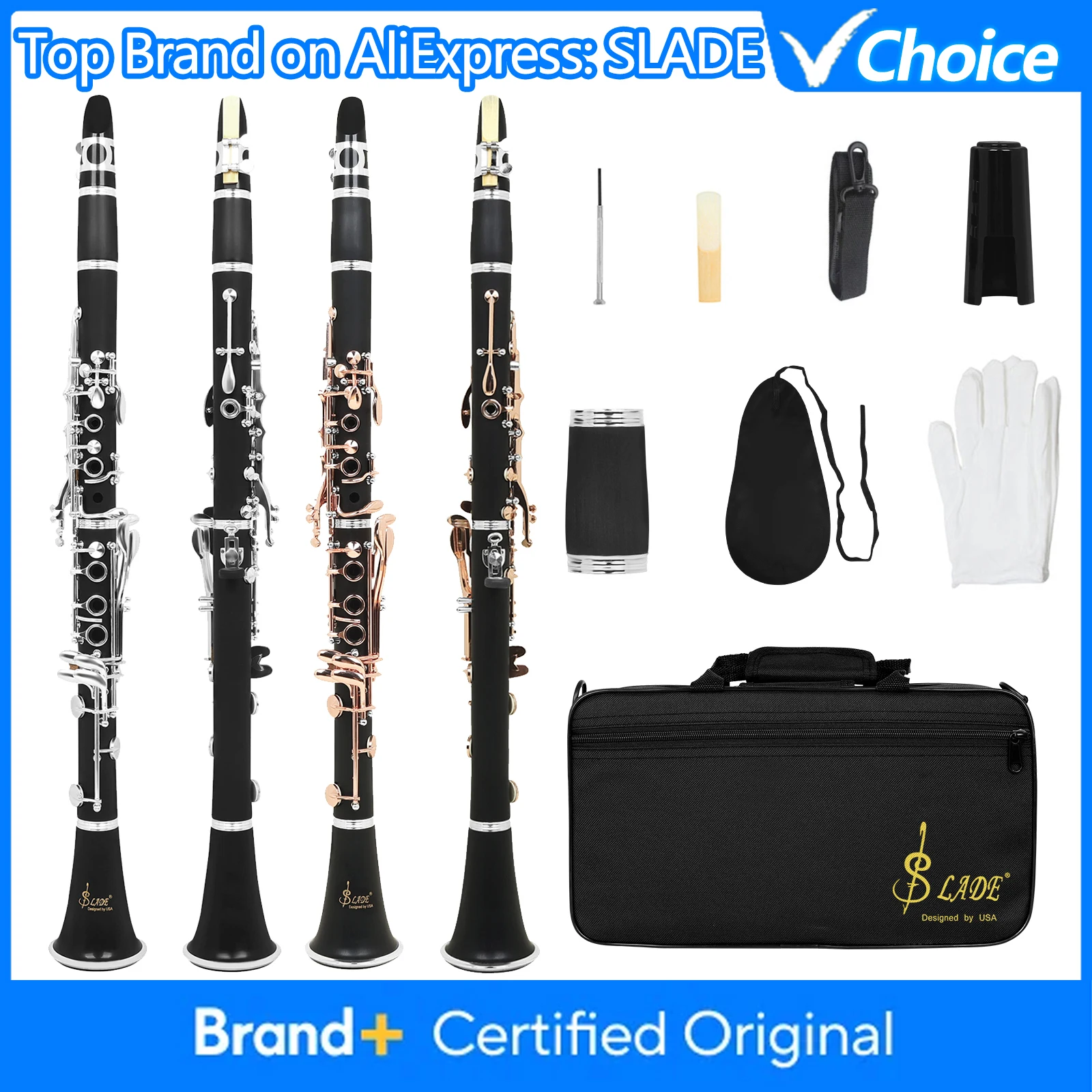SLADE Bb Clarinet 17 Keys ABS Body Silver or Rose Gold Keys Profession Woodwind Instrument with Case for Practice Performance