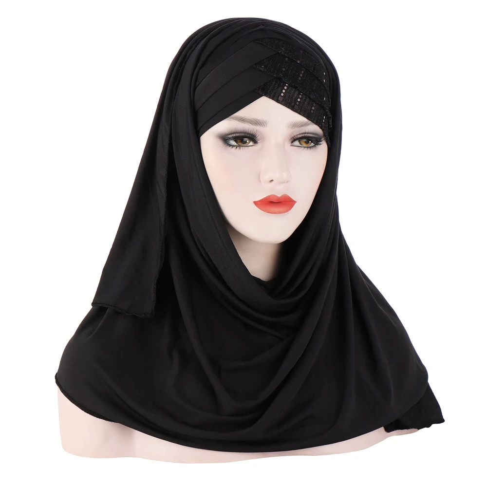 Muslim Women Pull On Ready Made Instant Shawl Hijab Scarf Islamic One Piece Headscarf Sequin Cross Head Wrap Chemo Caps Turbante