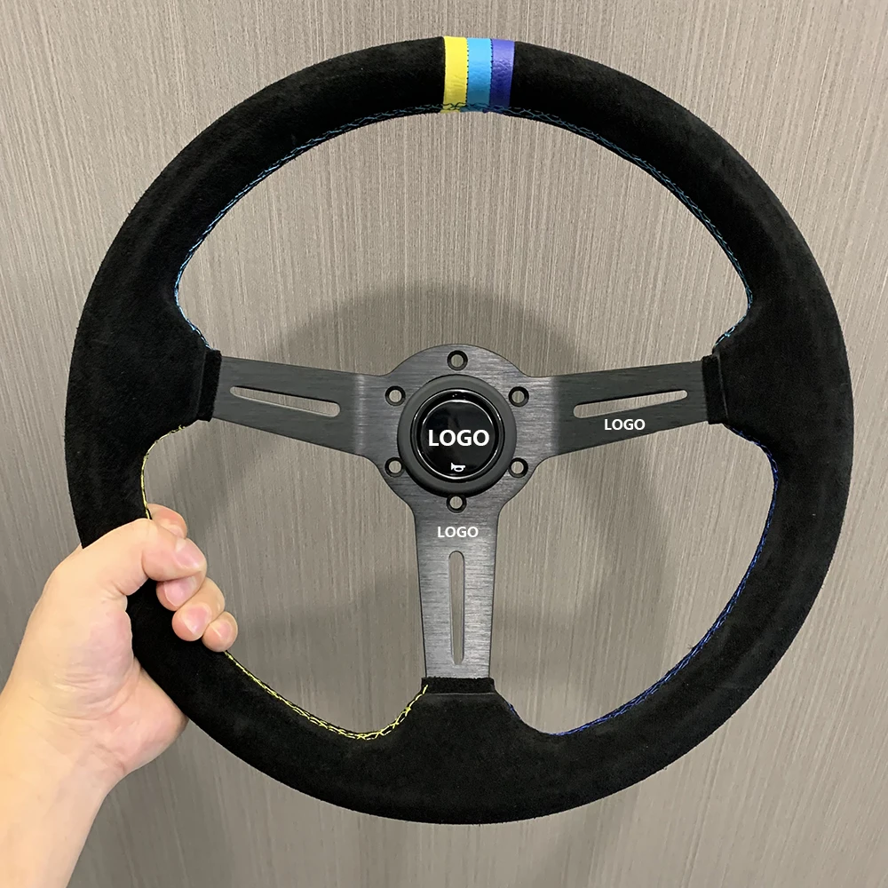 Car Steering Wheel Suede Modified Racing Steering Wheel with Yellow Green Joint