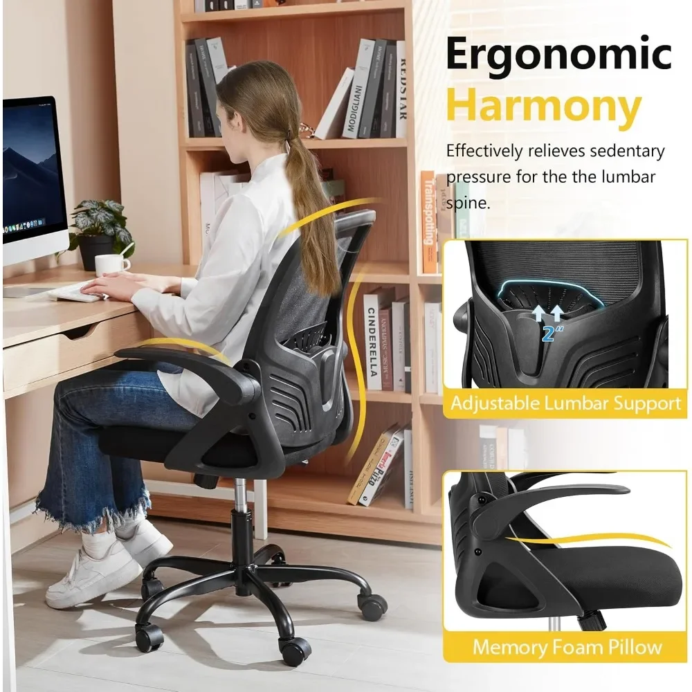 Mid-Back Ergonomic Office Chair - Comfortable Mesh Computer Chair with Wheels Comfy Swivel Task Chair with Flip-up Arms & Lumbar