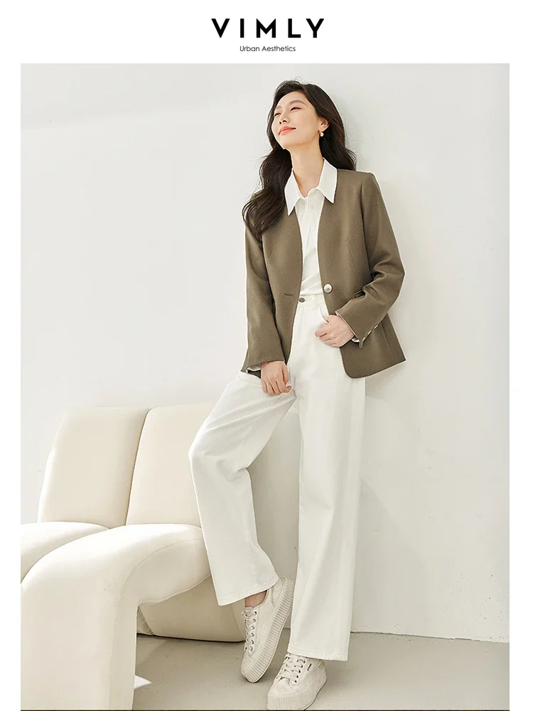 Vimly Women\'s Khaki V-neck Tailoring Blazer Autumn Long Sleeve Elegant Women Straight Jacket 2023 Casual New in Outerwears M3561