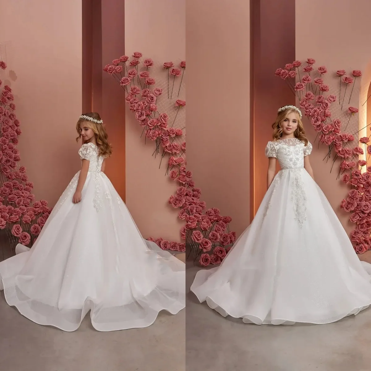 フラワーガールドレス カスタマイズされた白いチュール リボン付き レース 誕生日 卒業式 結婚式 パーティー アップリケ 初聖体舞踏会