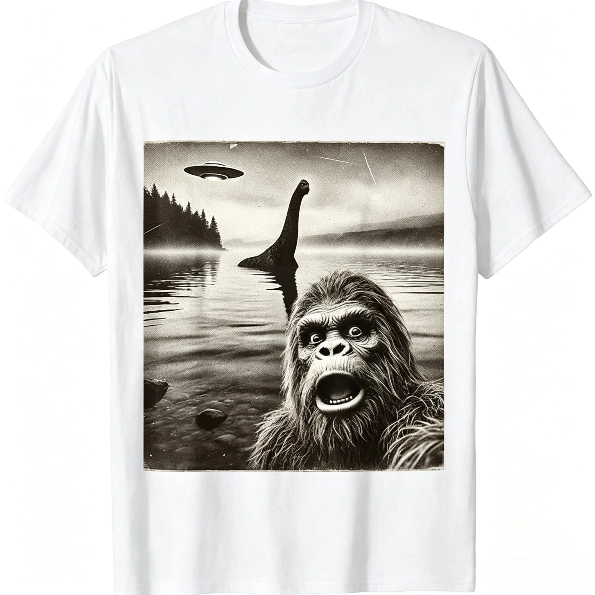 Vintage Bigfoot Nessie UFO Graphic Tshirt Cryptid Creature Selfie Print Men Women Casual Streetwear Short Sleeve Tops