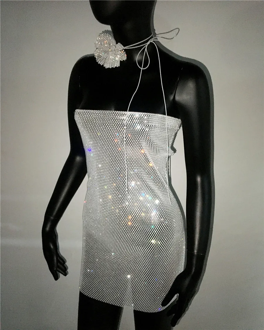 Women Strapless Dress With Flower Choker Glitter Rhinestone See Through  Hollow Mini Dress Rave Party Nightclub Evening Dresses