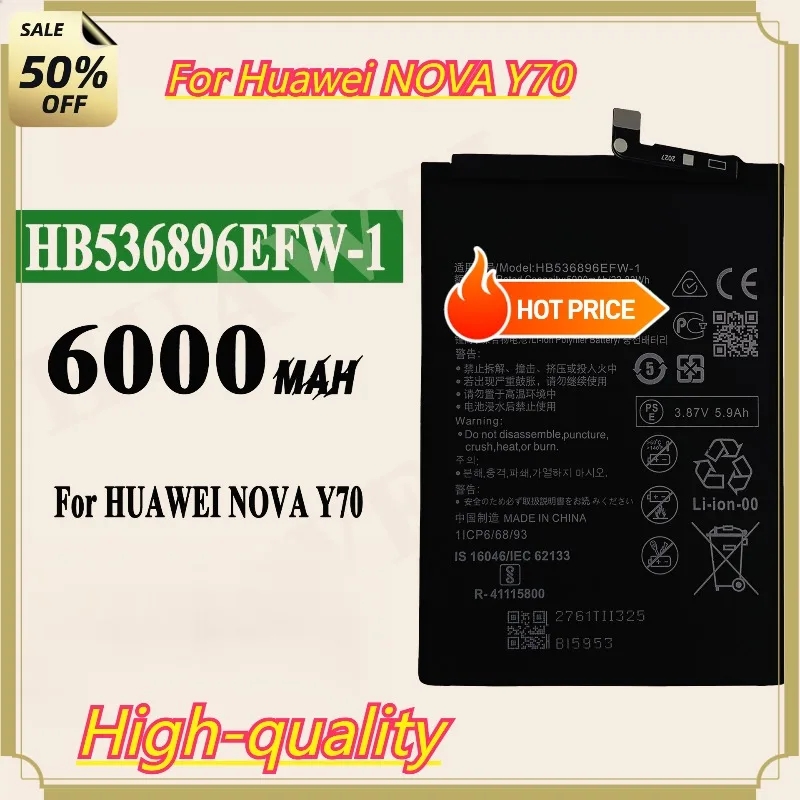 6000mAh HB536896EFW-1 for Huawei NOVA Y70 Phone Battery 0 Cycle High Quality High Capacity Replacement Bateria Grade