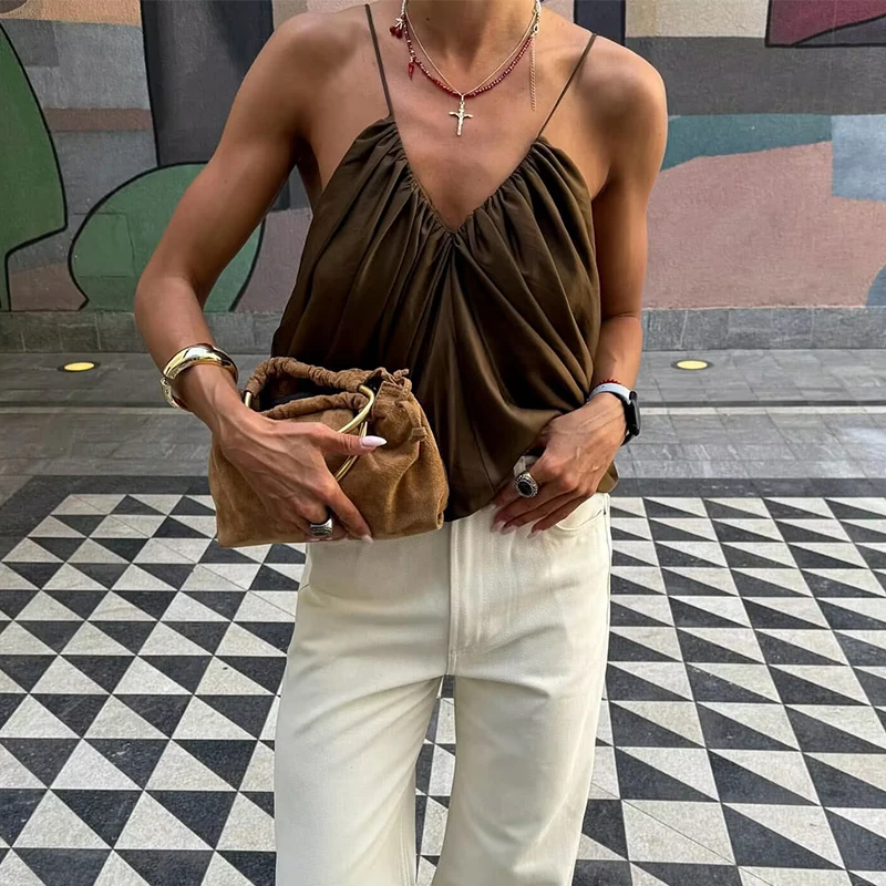 Summer New Women Slip Tops Fashion Satin Pleated V-Neck Sleeveless Sexy Female Chic Tops
