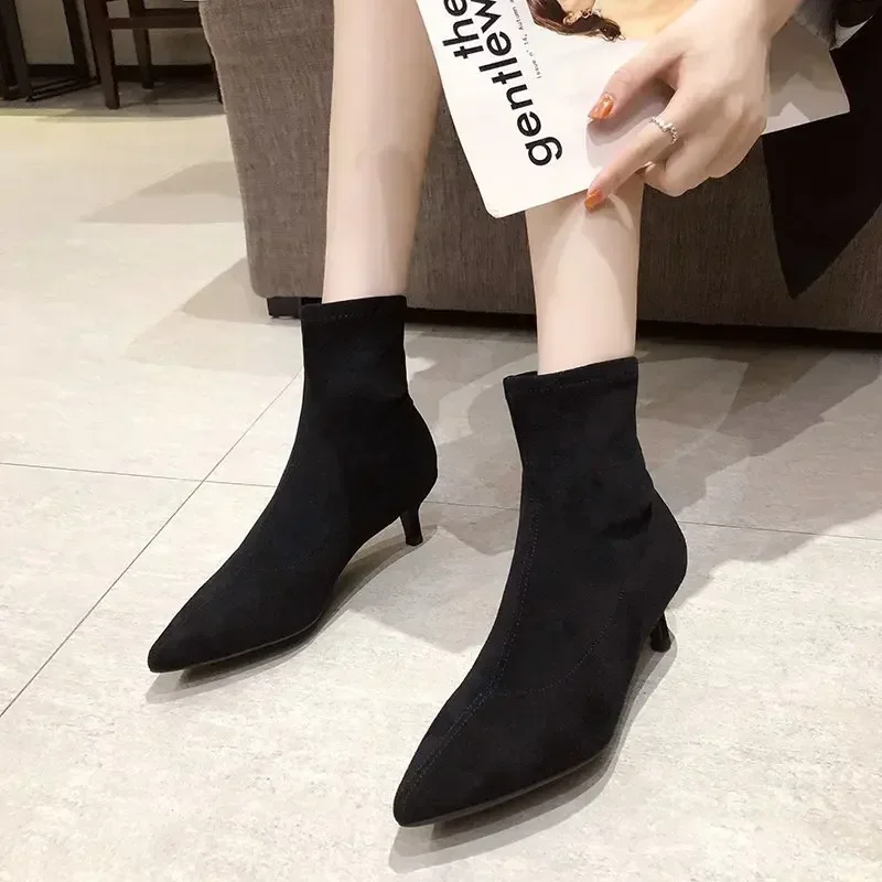 5/7/9CM Luxury Women Black Flock Sock Boots Stiletto Thin High Heels Elastic Knitting Boots Winter Stretch Fabric Ankle Boots