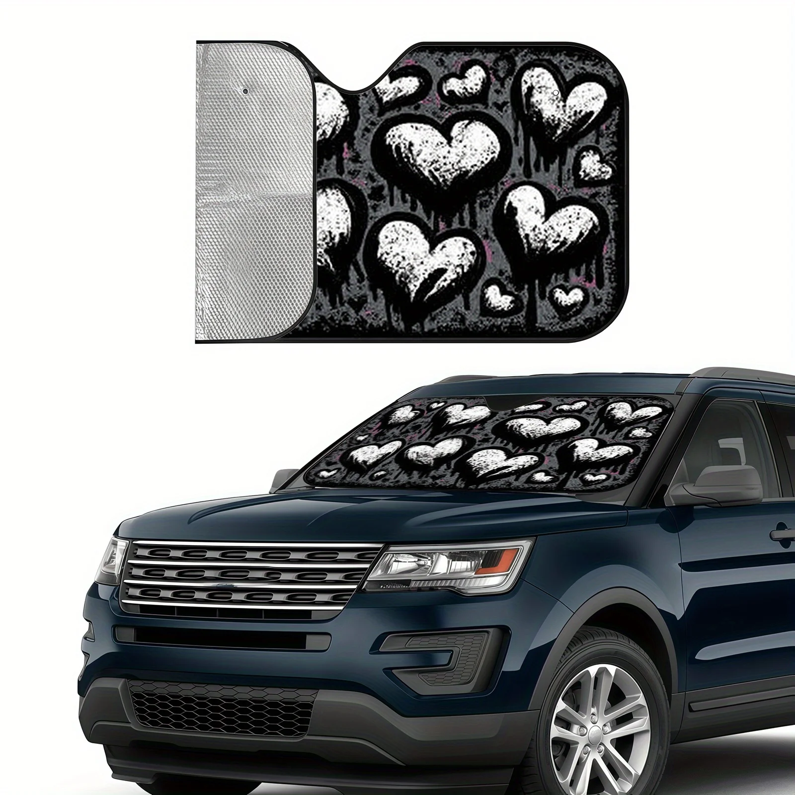 Doodle Heart Car Sunshade, Trendy Ink-splatter Heart-shaped Pattern, Insulates To Keep The Car Cool, Includes Suction Cups