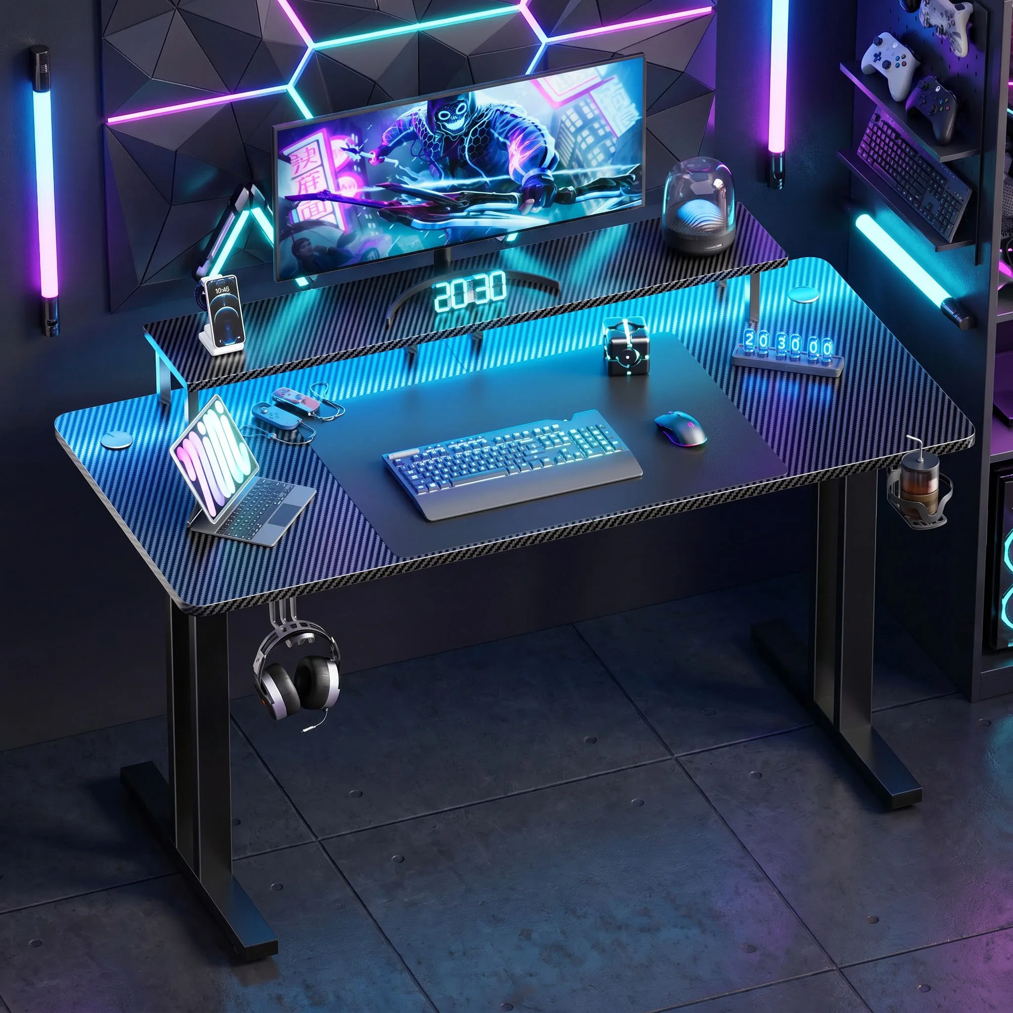 NEBMAAX RGB Gaming Desk Carbon Fiber Surface with LED Lights Elevated Monitor Stand Heavy-Duty Double I-Shaped Steel Frame Computer Desk for Gamers with Cup Holder And Headphone Hook