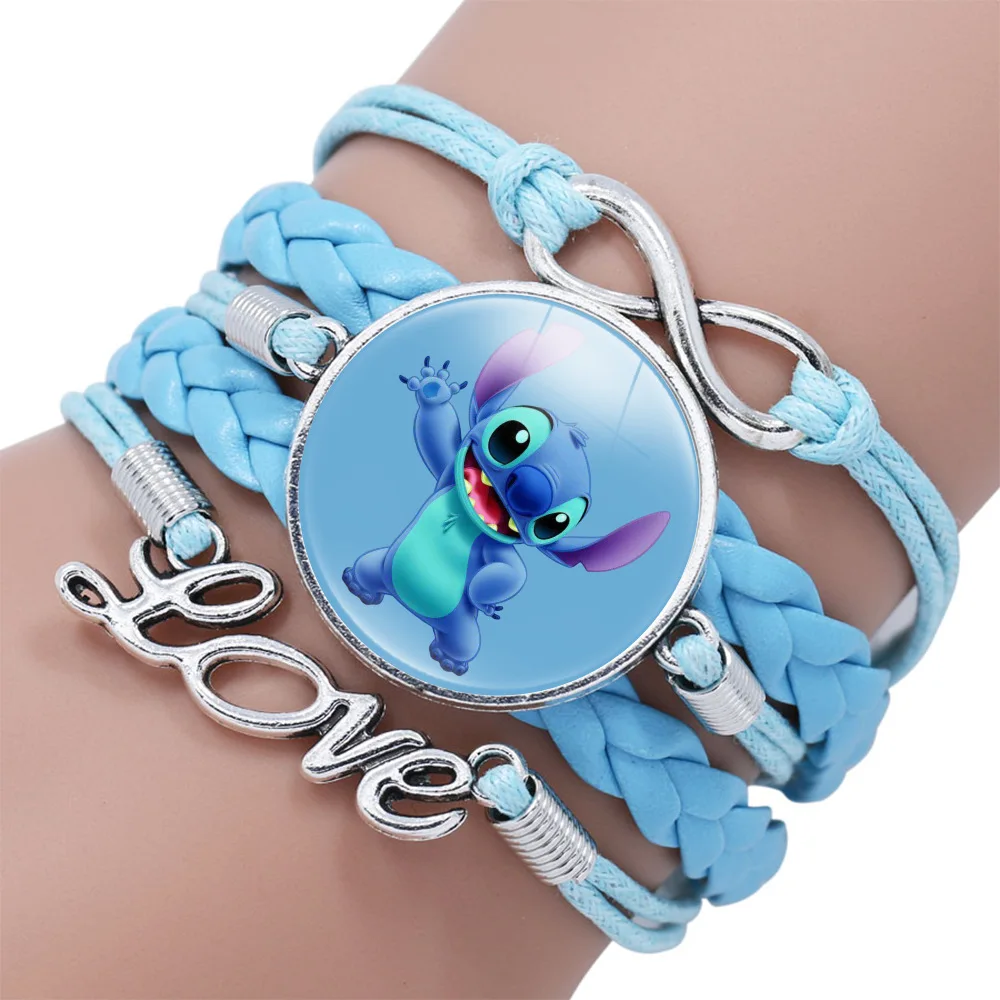 Disney Stitch Animation Series Pulseira para mulheres, pulseira azul multicamadas, gema do ponto dos desenhos animados, corda trançada artesanal, presentes de joalheria, quente