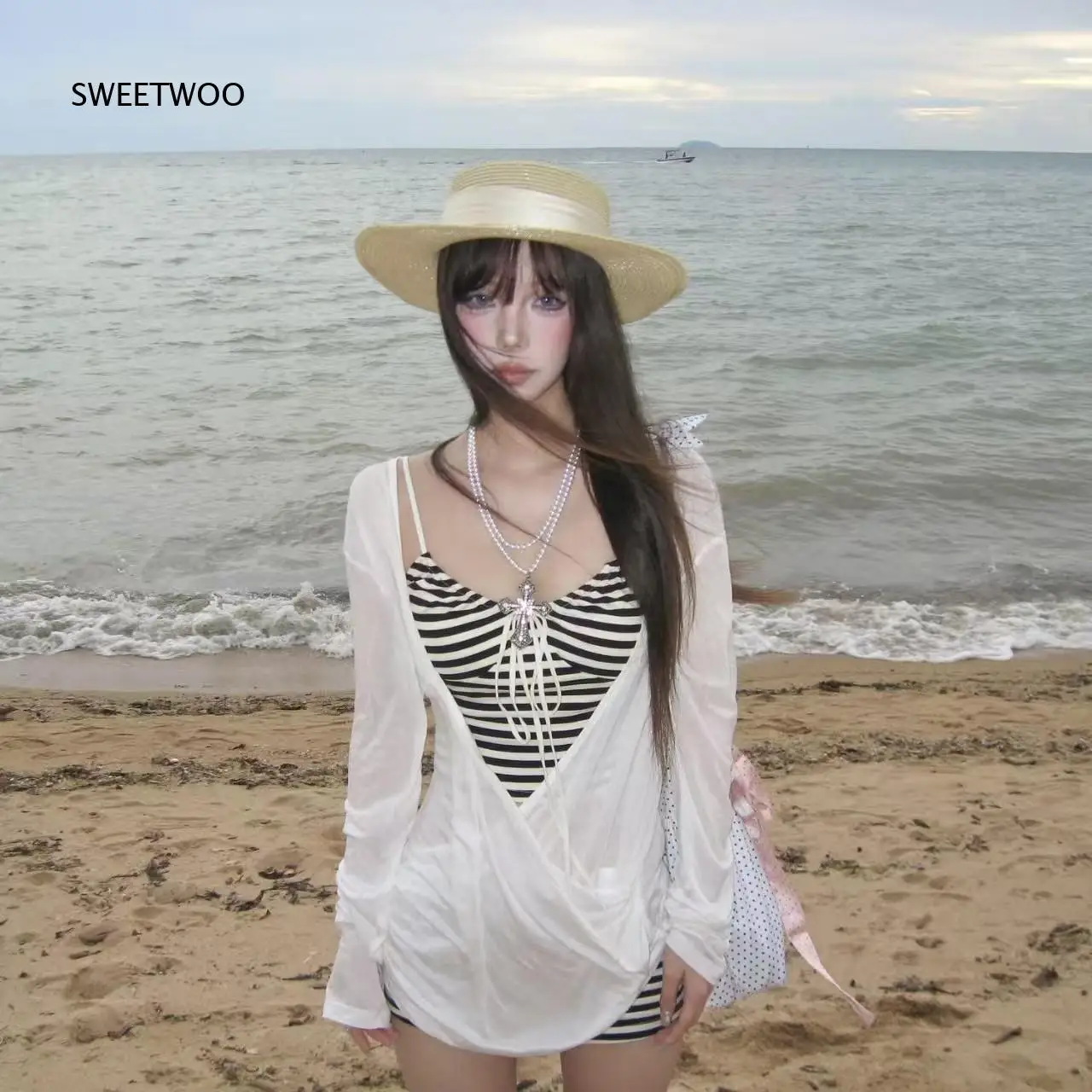 Women 3 Piece Striped Swimsuit Set Drawstring V Neck Cami Top High Waist Shorts Long Sleeve Sheer Cover Up For Beach Pool