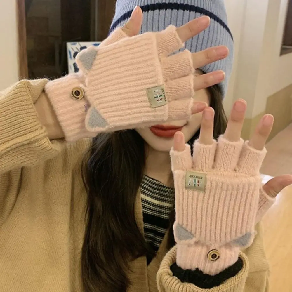 Winter Warm Knitted Gloves Cute Cat Ear Girls Writing Convertible Flip Top Glove Thicken Hand Warmer Cycling Fingerless Mittens