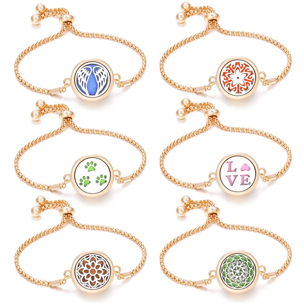 New Trendy Golden Angel Wings Flowers Women Aromatherapy Bangle Essential Oil Diffuser Perfume Lockets Fine Bracelet Accessories
