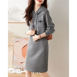 Cotton Autumn New Grey Hooded Dress Simple Fashion Solid Color Casual High-quality Hooded Knee High Long Sleeved A-line Dresses