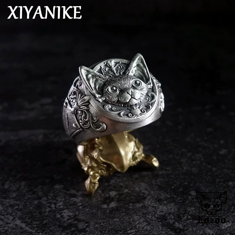 XIYANIKE Vintage Thai Silver Curly Cat Adjustable Finger Rings For Men Women Fashion New Jewelry Couple Gift Party Glamorous
