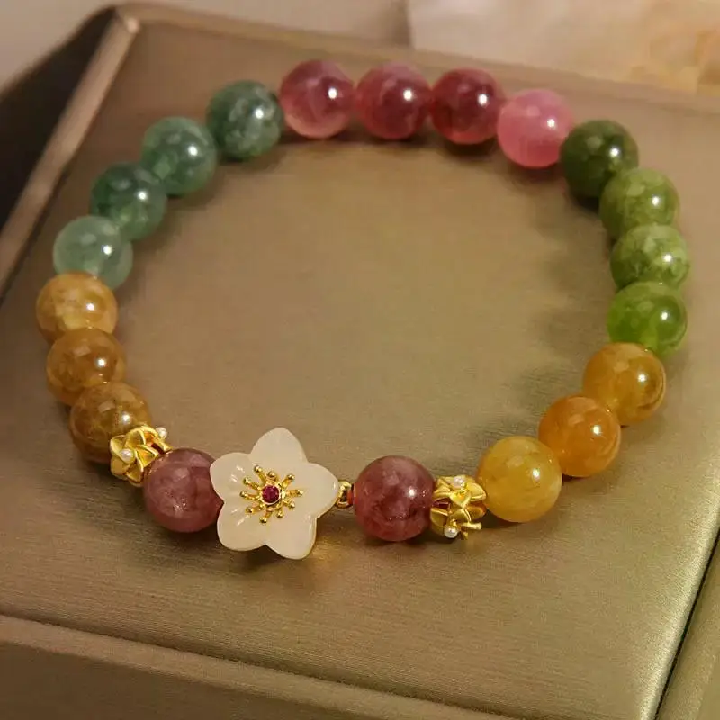 Jade Flower Bracelet Stone Fashion Beads Bangle 18k Gold Plating Amulet Charm Natural Gemstone Carved Real Jewelry