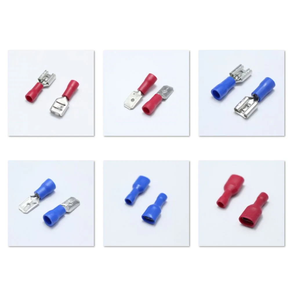 50pcs 6.3mm Spade Crimp Terminal MDD1.25-250 FDD2-250 Male / Female Pre Insulated Electrical Connector for 0.5-1.5mm2 Cable