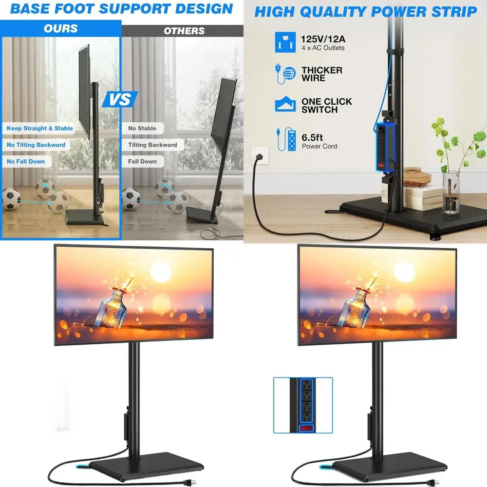 

Подставка для телевизора с деревянным основанием регулируемой высоты и розеткой, подходит для телевизоров диаметром 32–60 дюймов, поддерживает до 88 фунтов, компактная для помещений