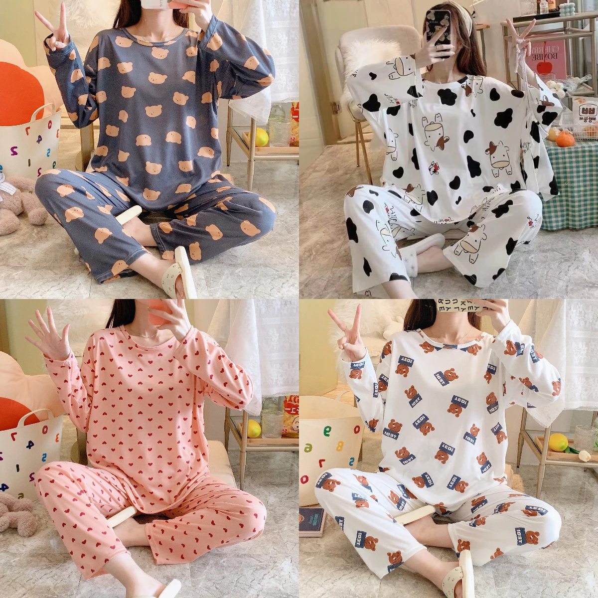 2PCS/Set Women\'s Clothes Spring and Fall Pajamas Long-Sleeved Cartoon Cute Sweet Floral Young Girl Homewear Outside Loungewear