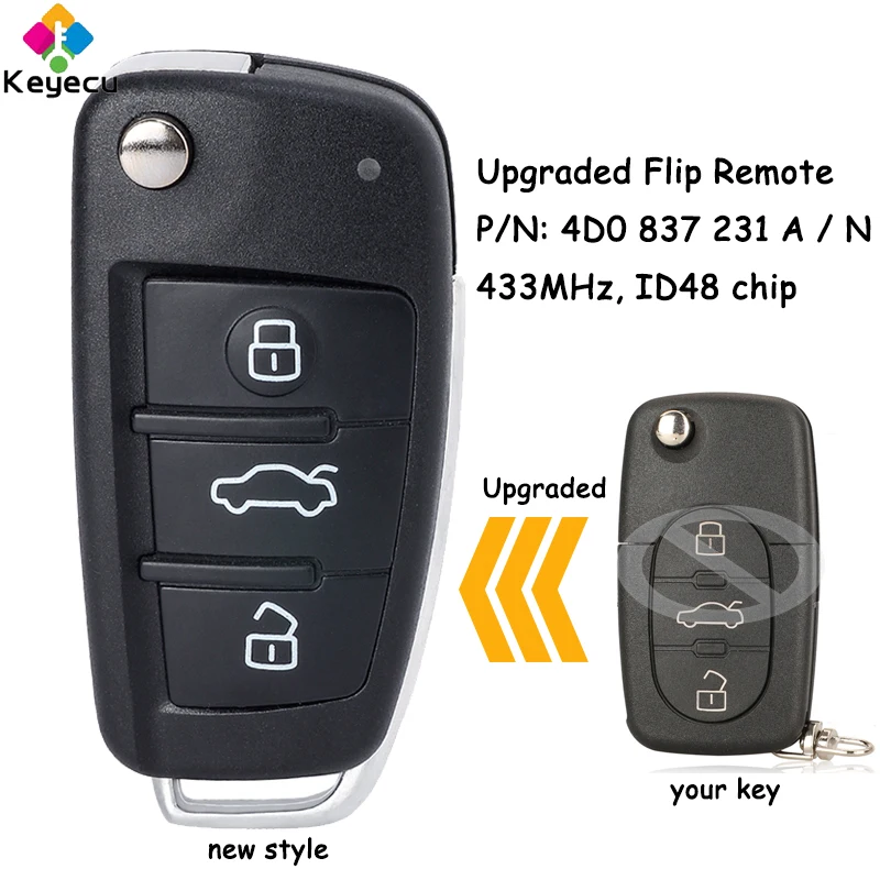 KEYECU Upgraded Flip Remote Car Key With 3 Buttons 433MHz ID48 Chip for Audi TT RS4 A3 A4 A6 A8 Fob P/N: 4D0837231A / 4D0837231N