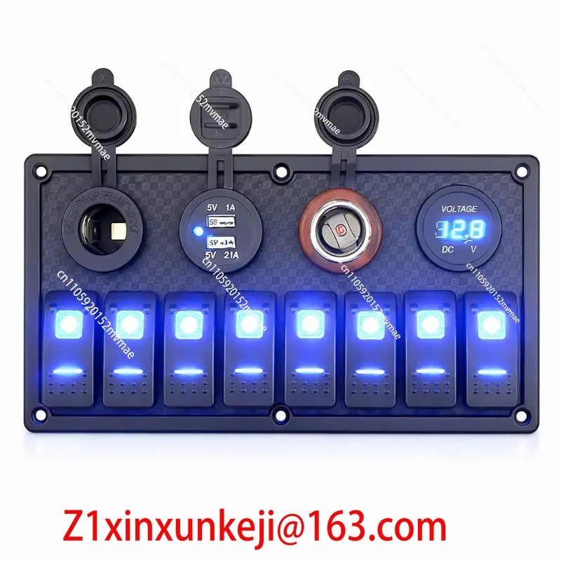 12/24V Marine 8-Position Switch Panel, Waterproof Marine Rocker, with Digital Voltmeter, Dual USB Charger 3.1A for RV Yachts