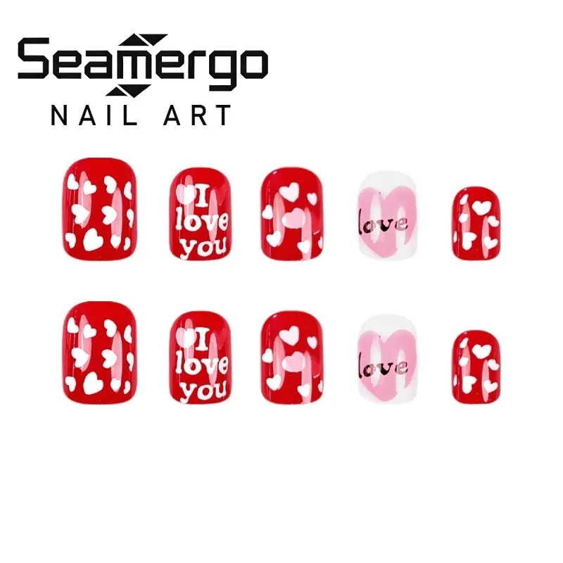 

24PCS Valentines Red Short Square False Nails with Sweet Heart Love Patterns Press on Nails Wearable Fake Nails for Women Patch