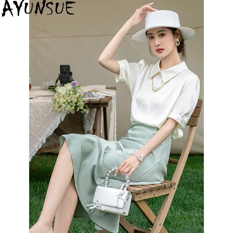 AYUNSUE 100% Real Mulberry Silk T Shirts for Woman Elegant 2024 Casual Tops Summer Women Clothing Essentials White Top Camisetas