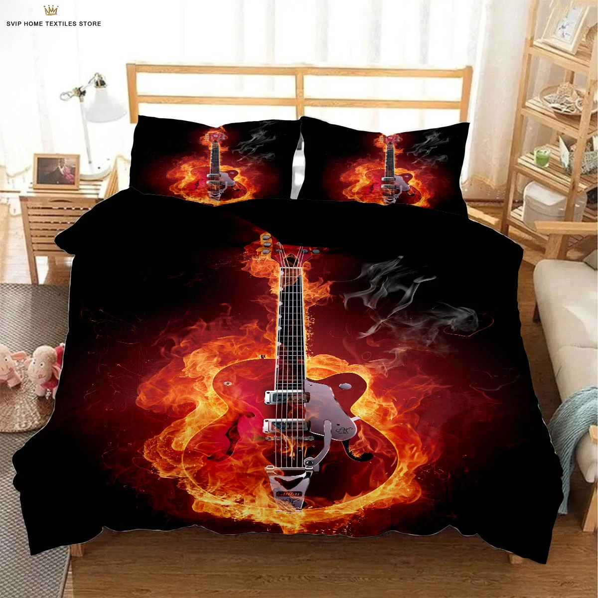 Water and Fire Poles Guitar Notes 3D Stereo Printing Quilt Cover Cool Black Bedding Set Quilt Cover Pillowcase Three-piece Set