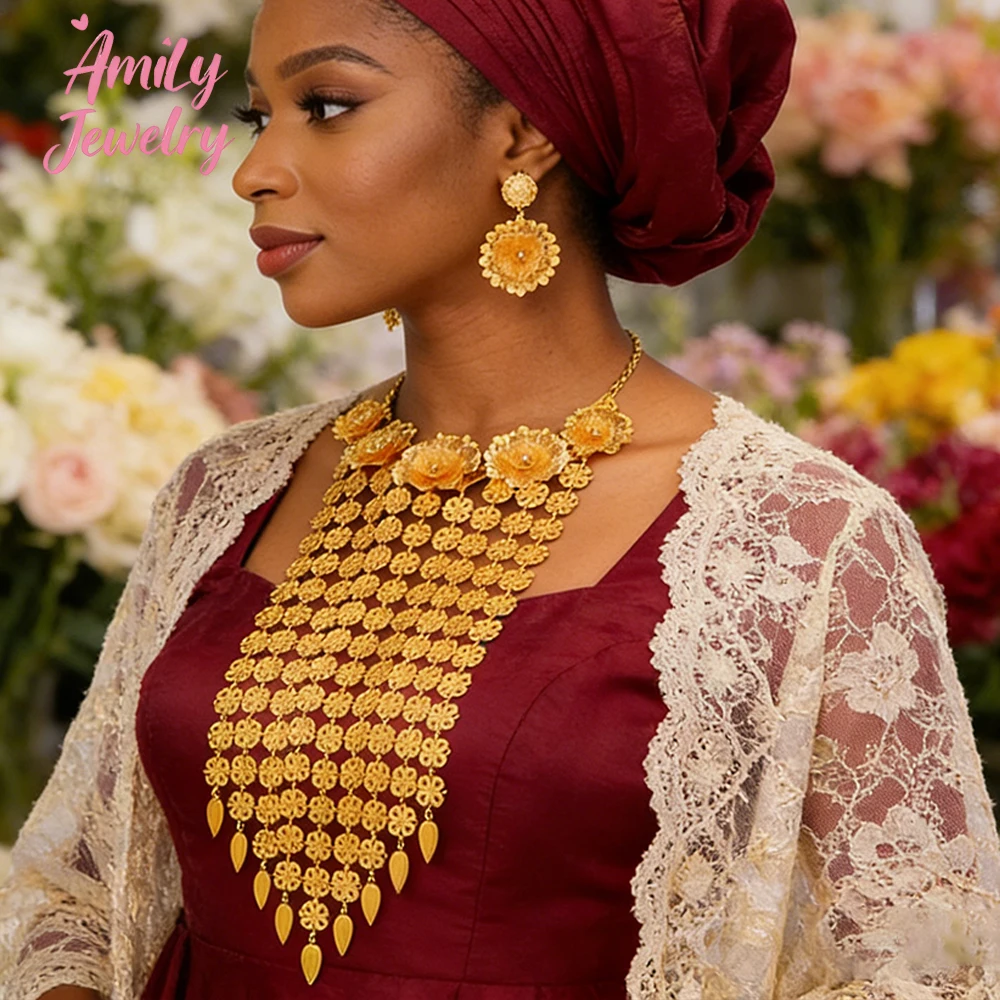 

Exaggerated Necklace Jewelry Earring Dubai Long Flower Set African Jewelry Drop Earring Gold Color Luxury Set Wedding Party Gift
