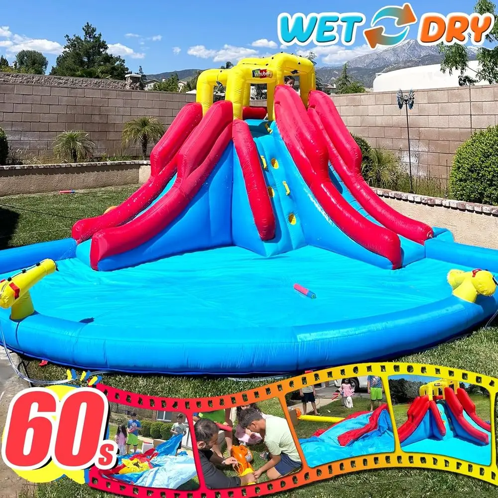 Nadmuchiwana zjeżdżalnia wodna dla dzieci na podwórko, park wodny 12w1 z dmuchawą 520W, ścianą do wspinaczki, basenem do zabawy i 2 pistoletami na wodę.