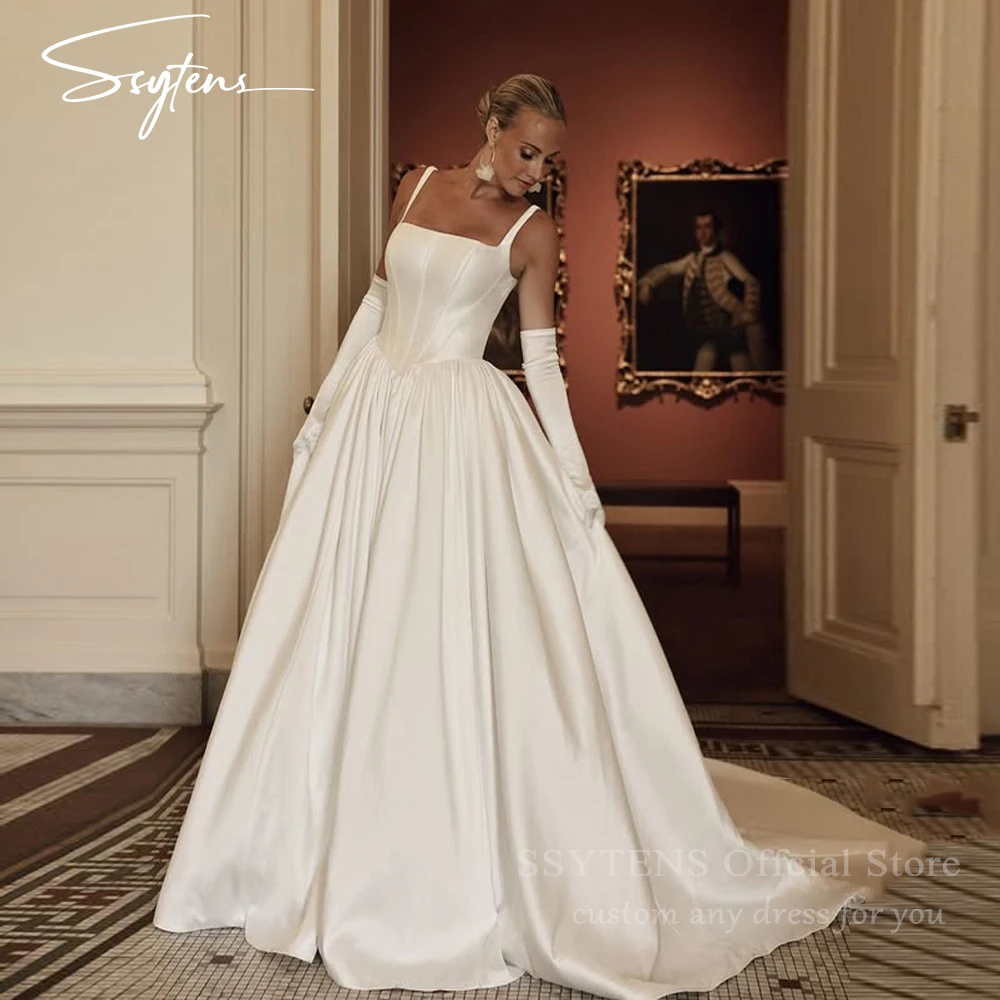 

SSYTENS A-line Satin Wedding Dresses Square Collar Woman Sleeveless Civil Bridal Dress Bride Gown Robe De Mairee ﻿Customized ﻿