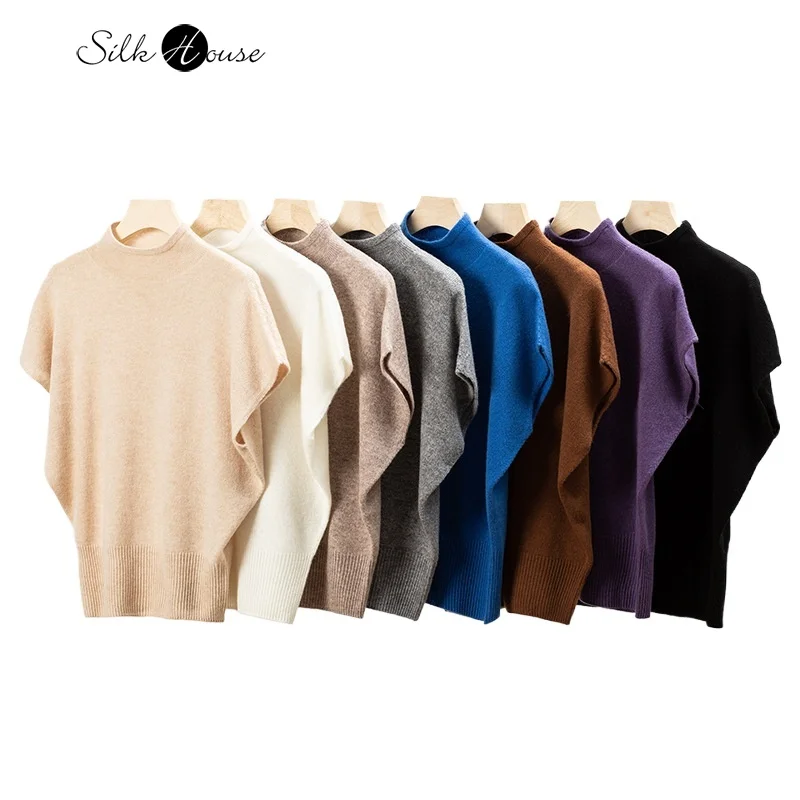 

2025 Women's Fashion Autumn New Half High Collar Shoulder Short Sleeve 100% Wool Women's Knitted Seamless Sweater