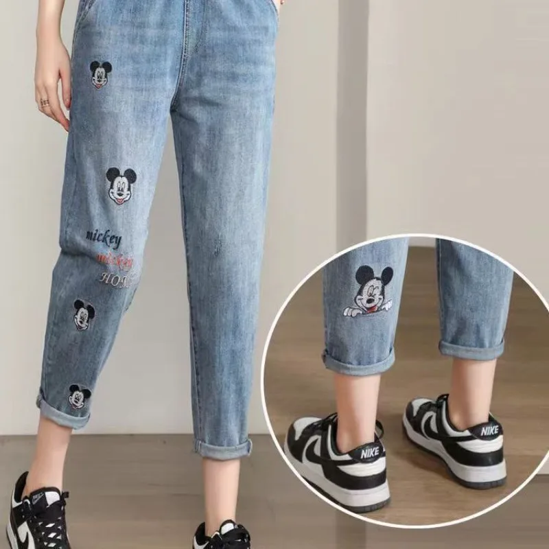

Summer Mickey Embroidered Women Denim Jeans High Waist Elastic Tall Look Plus Size Cropped Harem Casual Daily ladies clothes