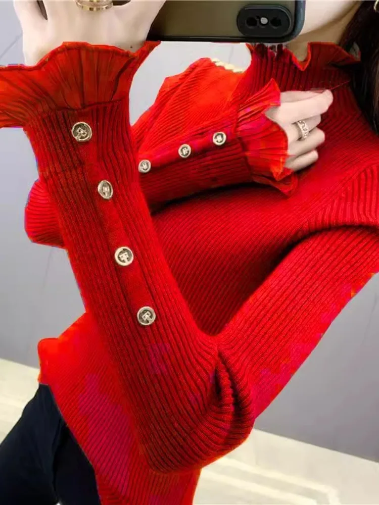 

Lace Trim Knitted Top f High Collar Slim Fit Base Layer Cisas Casual Comfortable Women's Inner Wear Mid-Length Sweater