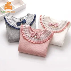 2025 Spring Autumn New 2 3 4 6 8 10 12 Years Cotton Solid Color Long Sleeve Pleated Turn-Down Collar Neck T-Shirt For Kids Girls