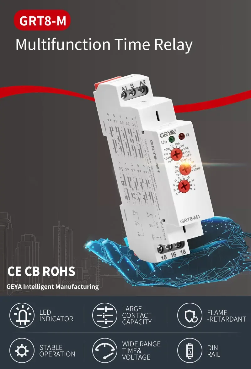 GEYA Multifunktions-Zeitrelais AC DC 12V 24V 48V 110V 220V 230V Zeitrelais GRT8-M Mit 10 Funktionsoptionen CE CB – Detail 2