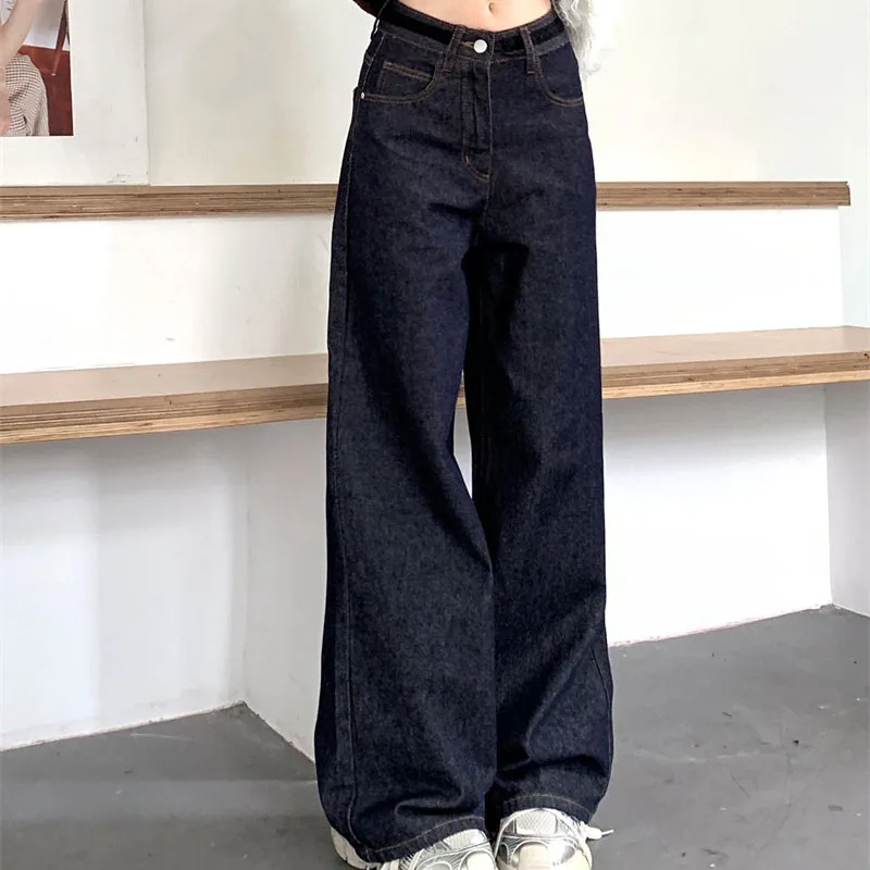 2026 Women's Y2K Dongdaemun Navy Wide Leg Denim Pants Loose Fit Draped Trousers Casual Spring Drag Length Jeans