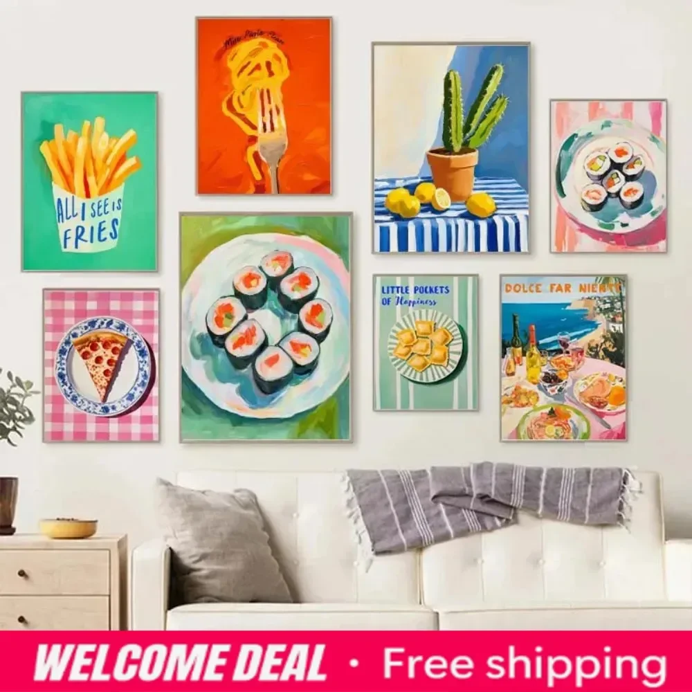 2026  Food Wine Fruits Poster Canvas Paintings Pizza Pasta Avocado Sushi Wall Art Pictures for Home Kitchen Decoration No Fra